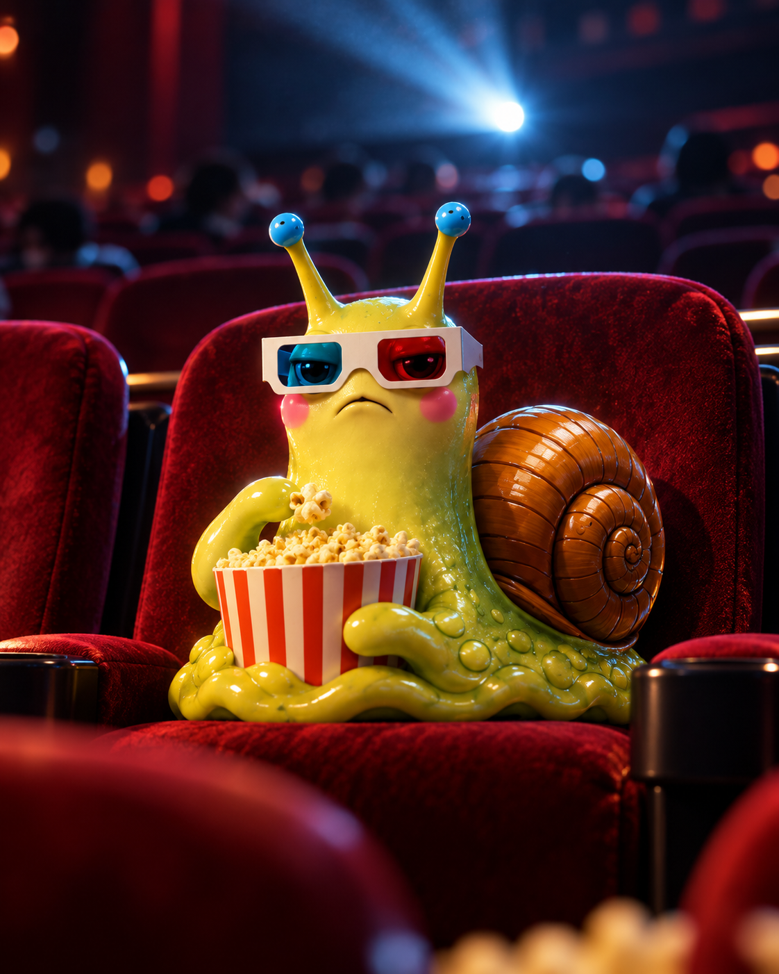 DOOMSLUG wearing 3D glasses and eating popcorn at the movies
