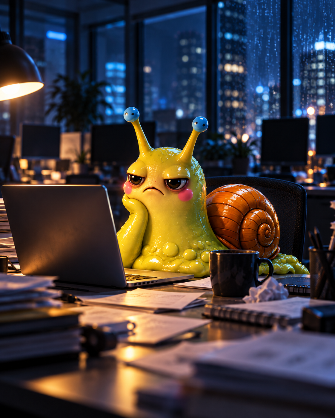 DOOMSLUG looking bored in front of a laptop in a night office