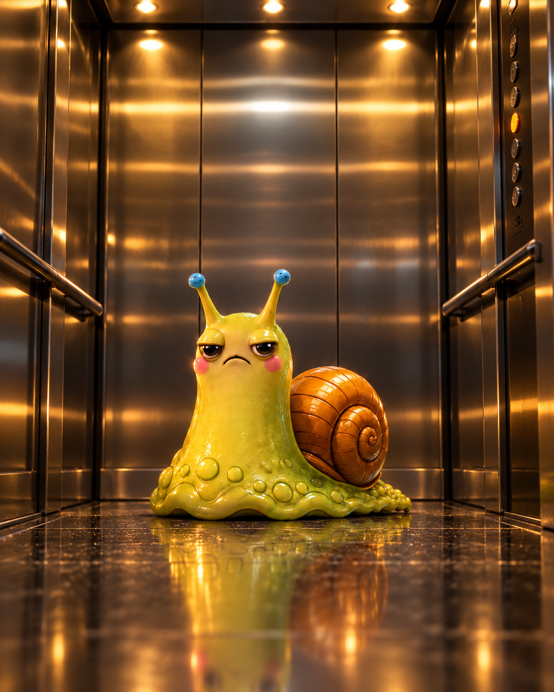 DOOMSLUG standing inside a shiny golden elevator